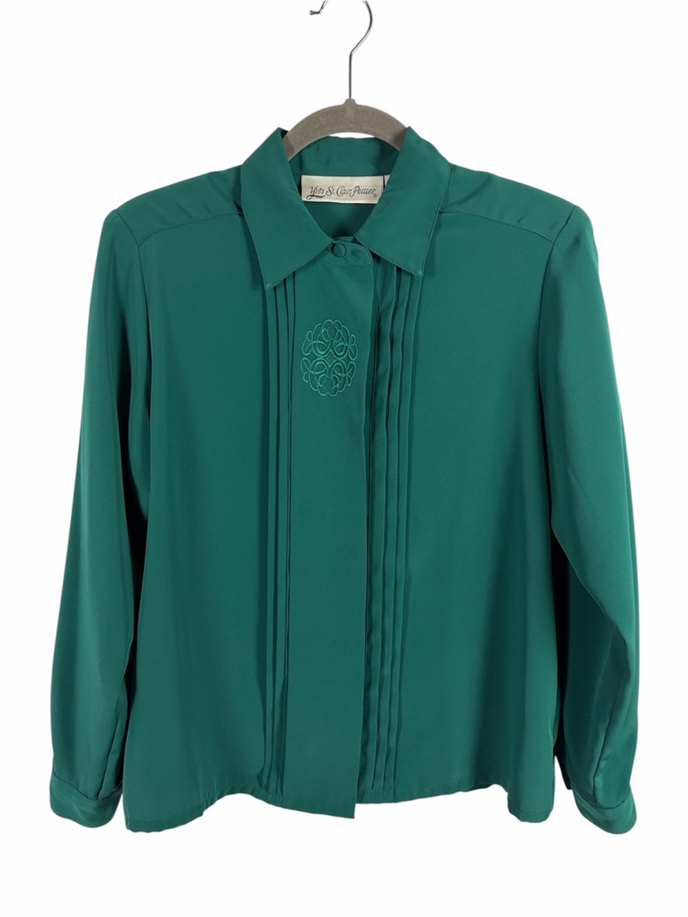 Yves St. Clair Petites Emerald Green Pleated Hidden Button Blouse Vintage 8P